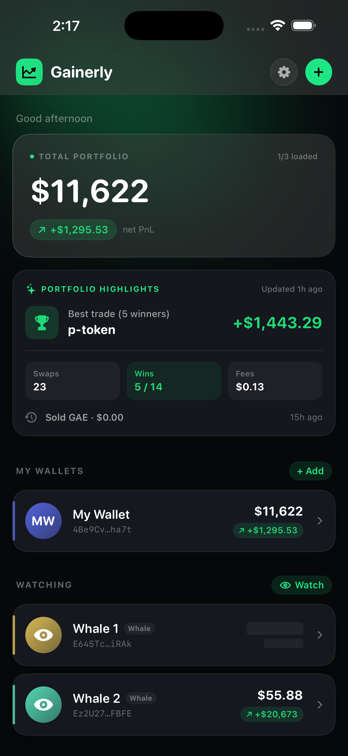 Gainerly dashboard with portfolio PnL and watched wallets