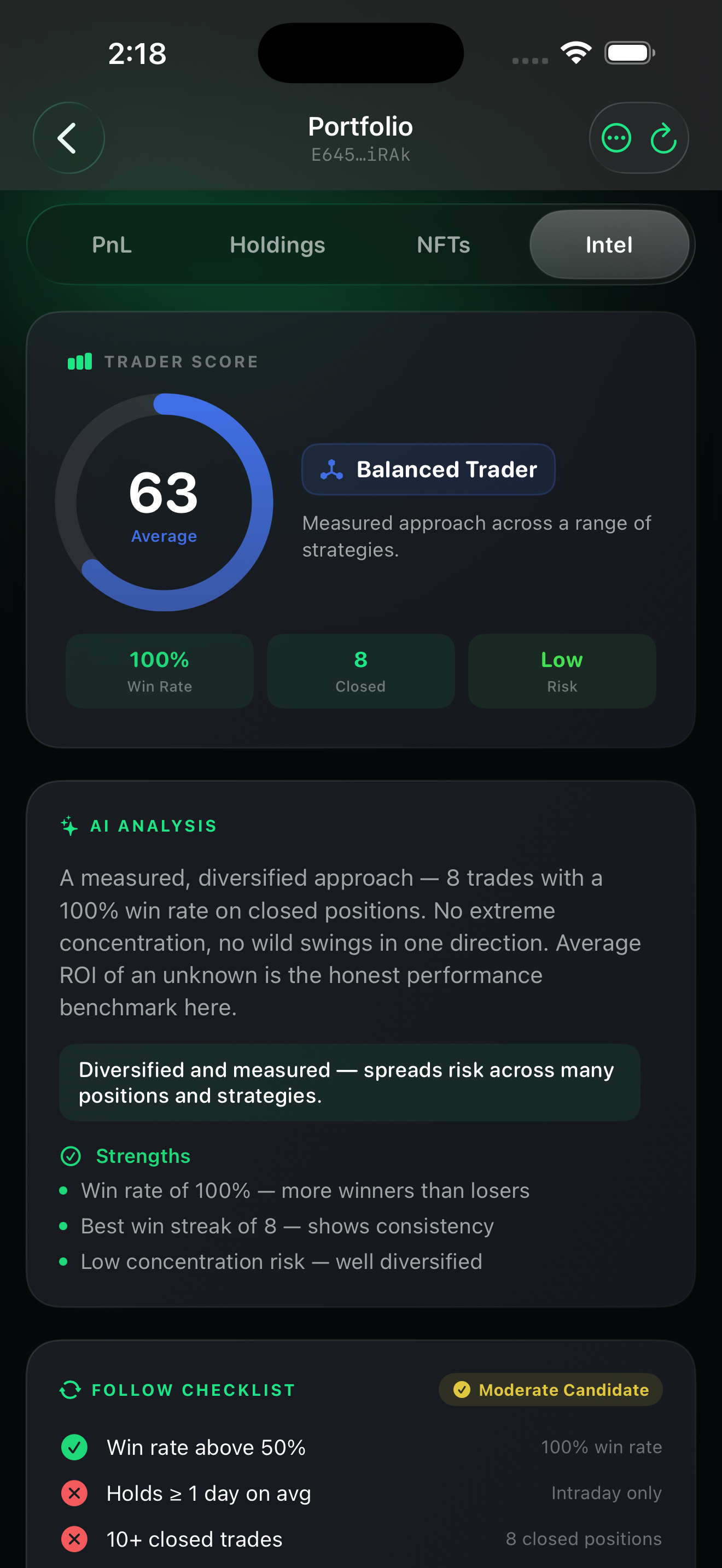 Gainerly trader score and wallet intelligence screen