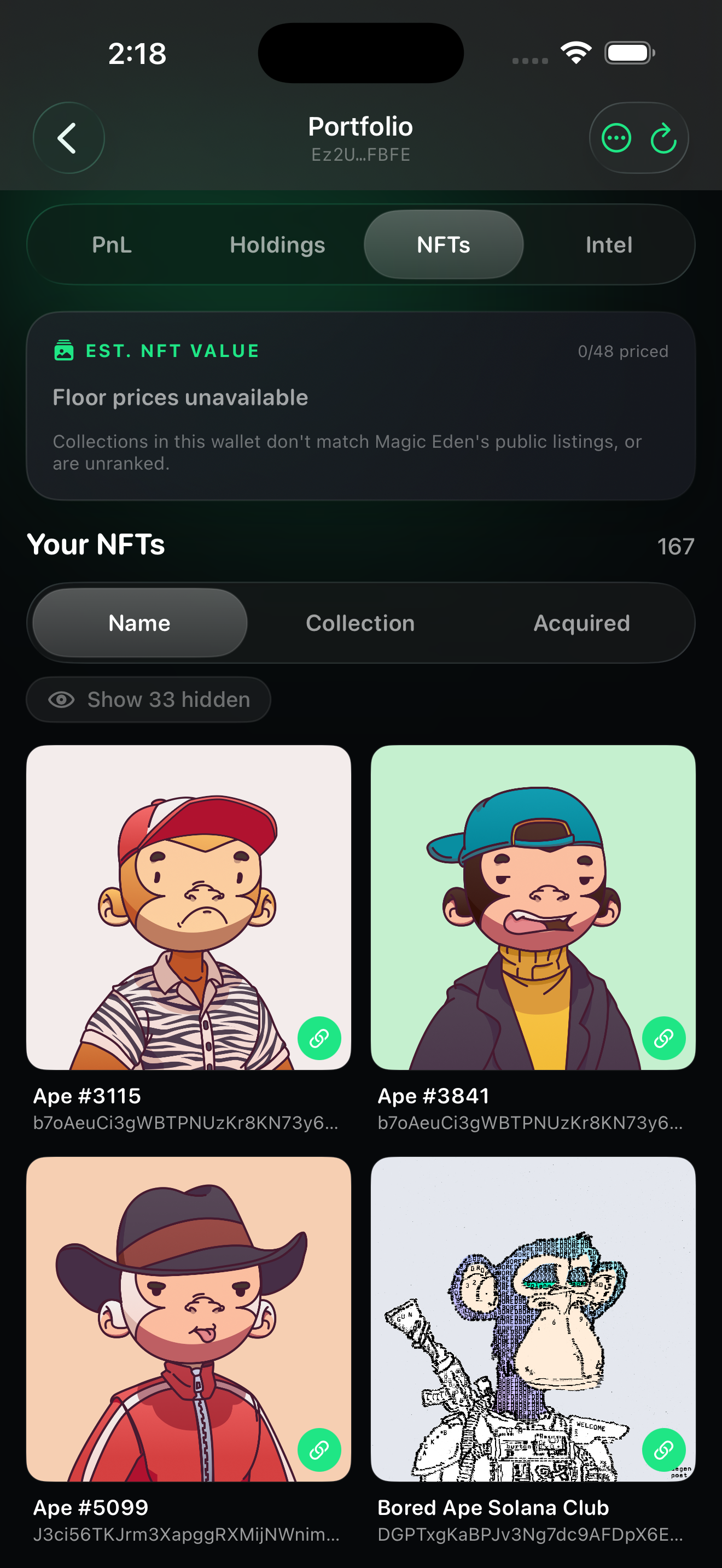 Gainerly NFT gallery screen