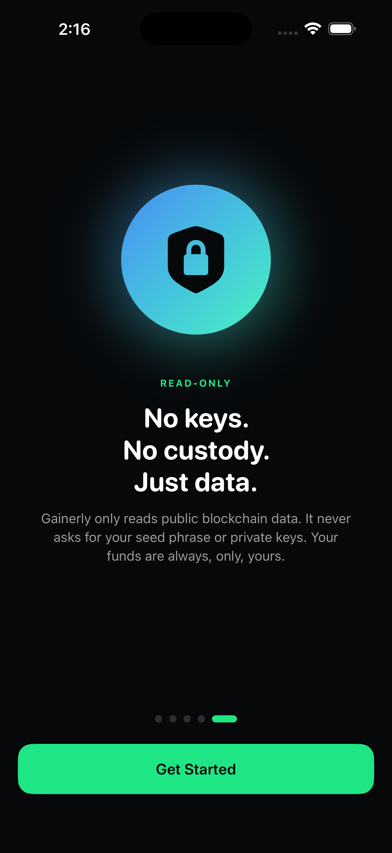 Gainerly read-only safety onboarding screen