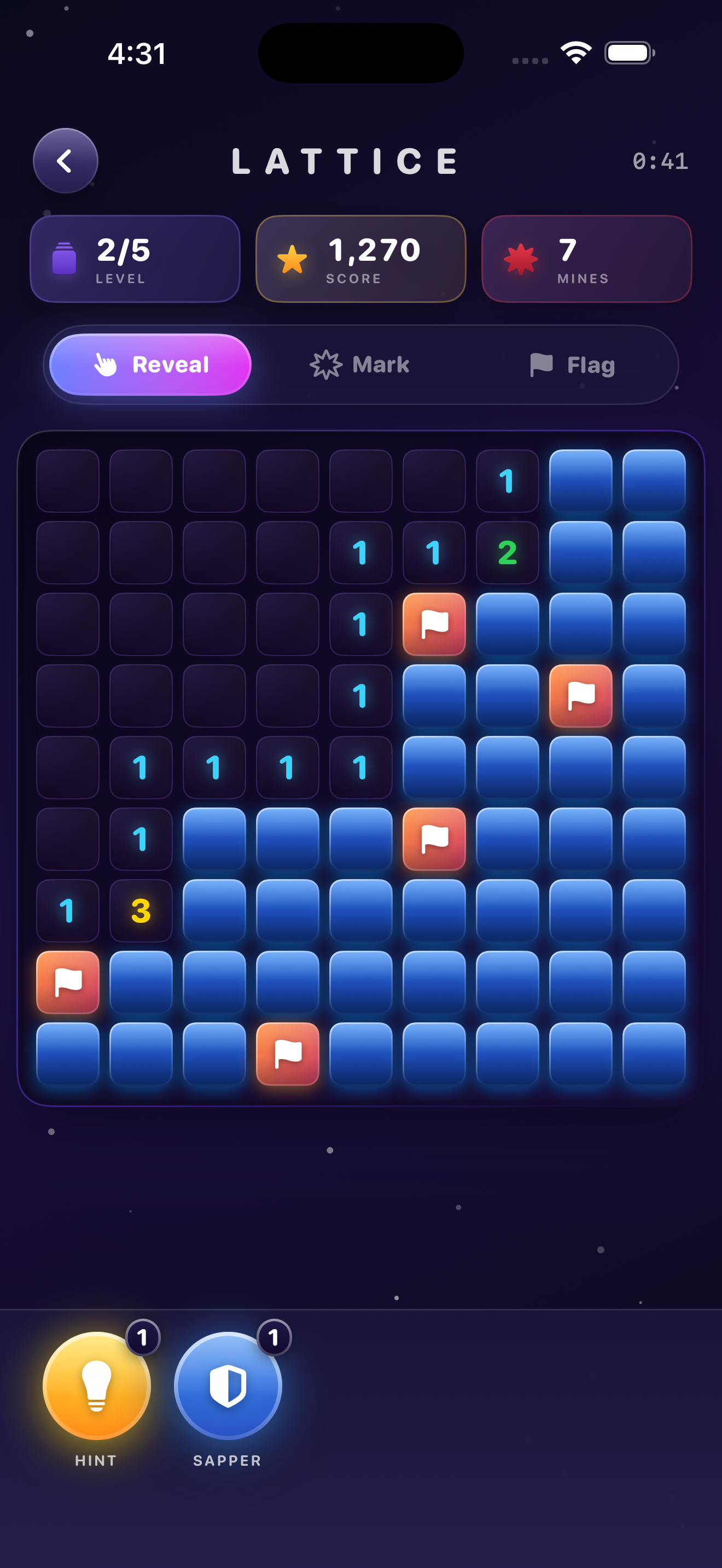 Lattice board with reveal, mark, and flag controls