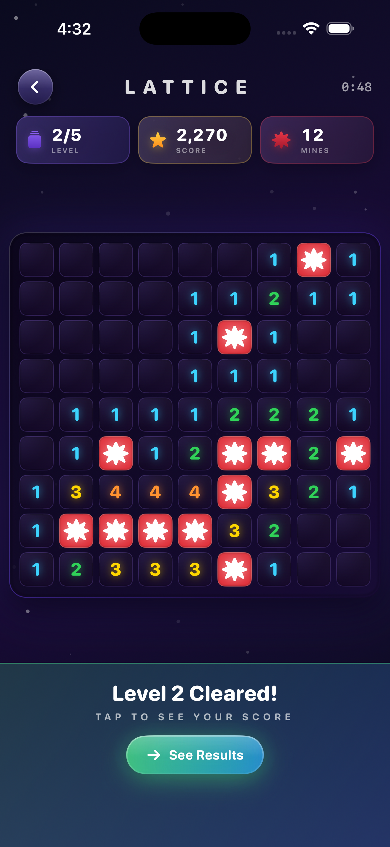 Lattice cleared board and score prompt