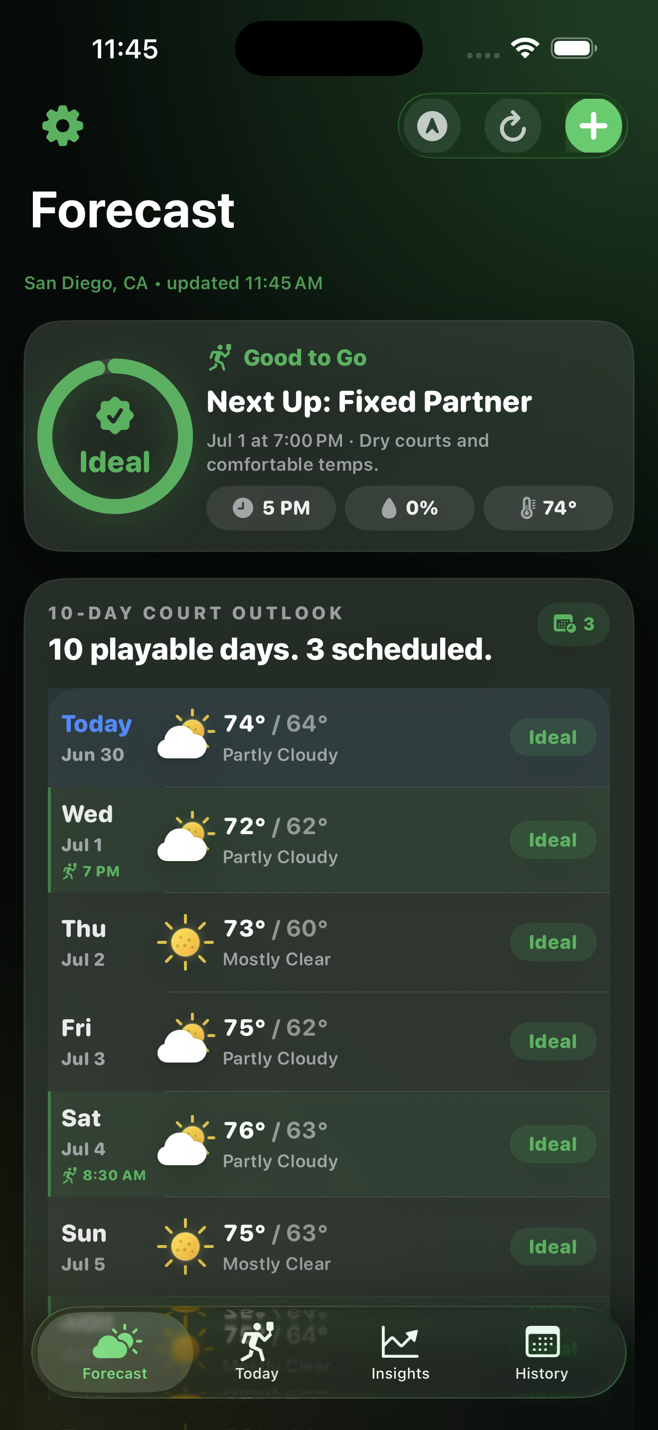 Pickle Me Happy Forecast screen showing a 10-day court outlook matched with scheduled pickleball play days