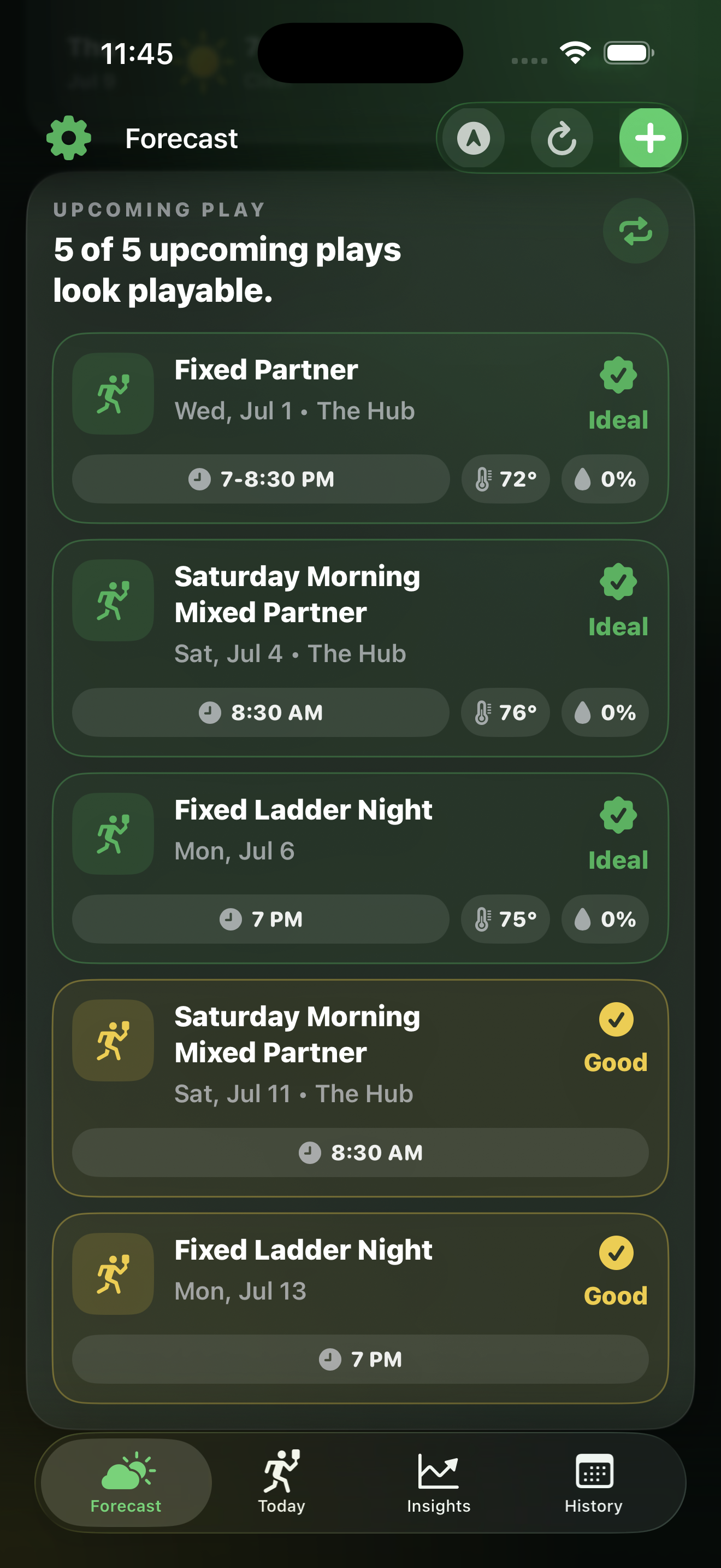Pickle Me Happy upcoming play forecast showing scheduled pickleball events with playable weather verdicts