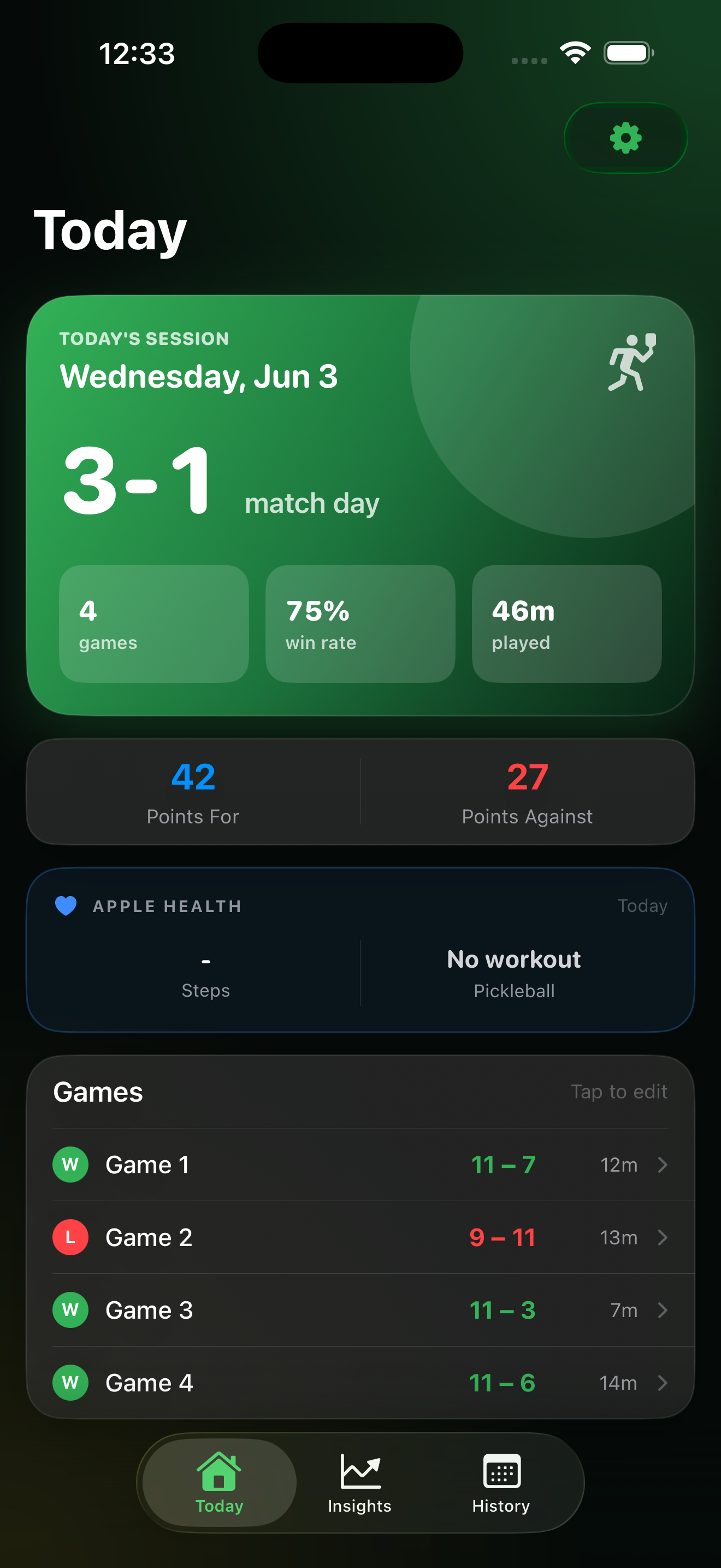 Pickle Me Happy Today screen with session score, games, win rate, time played, Apple Health, and game list