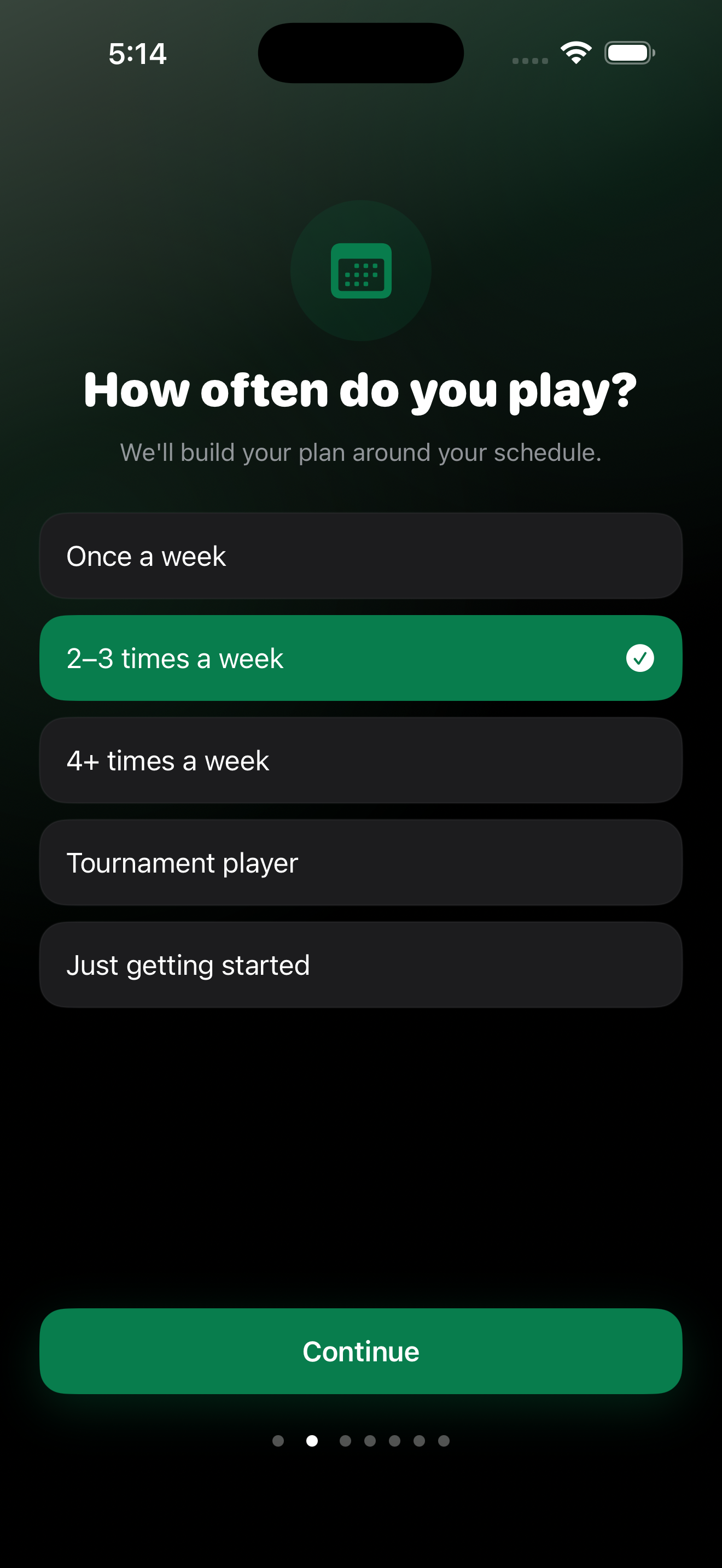 PickleStrong onboarding asking how often you play
