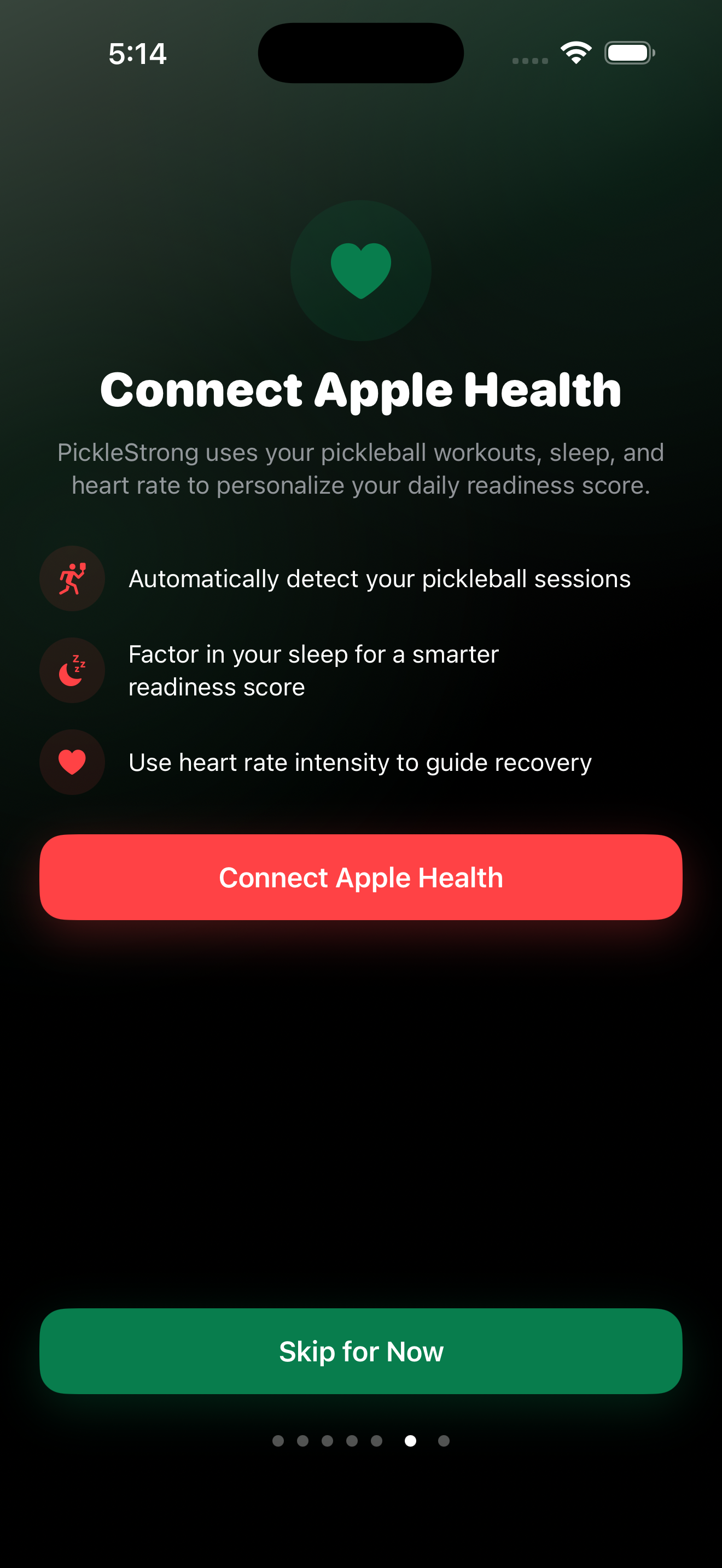 PickleStrong onboarding Apple Health connection screen