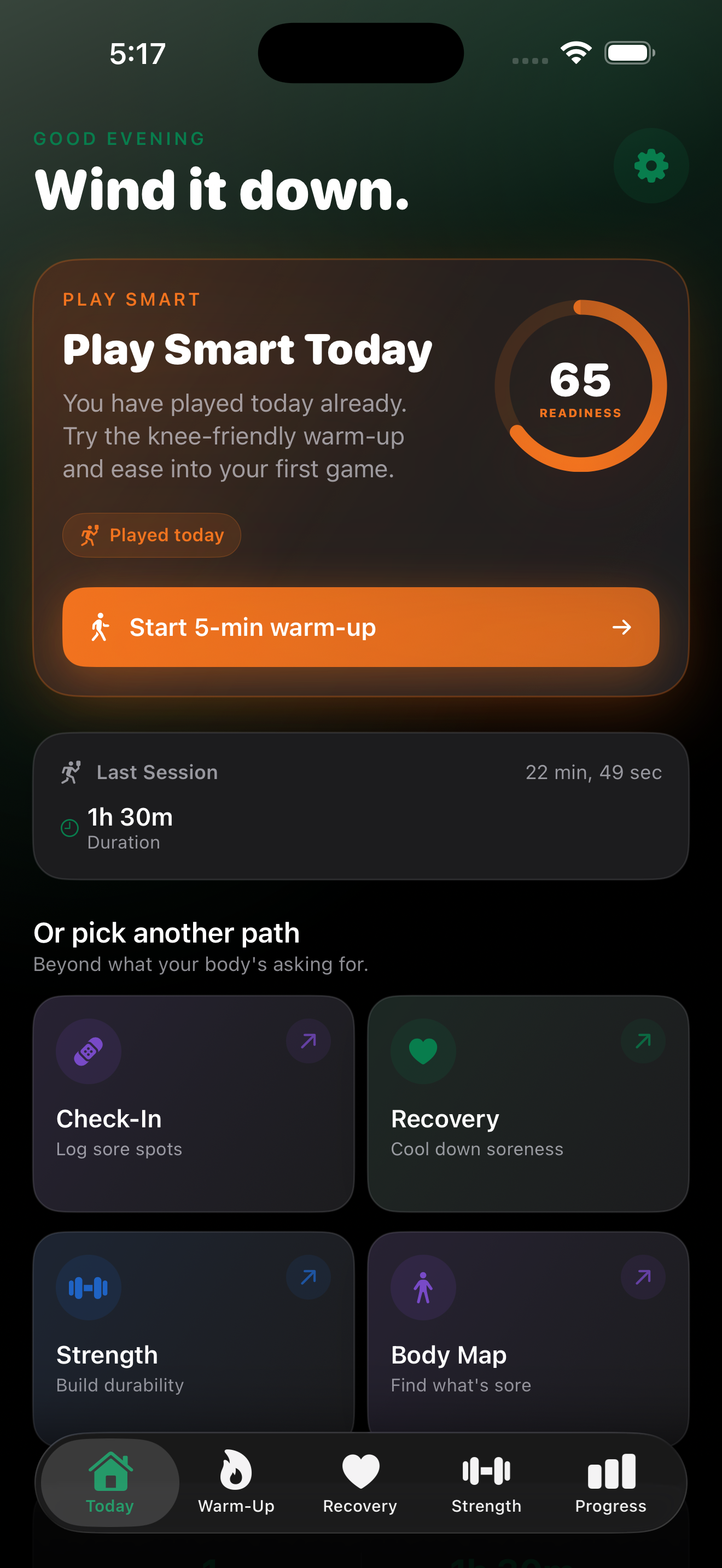 PickleStrong Today screen with readiness, warm-up recommendation, session logging, and quick actions