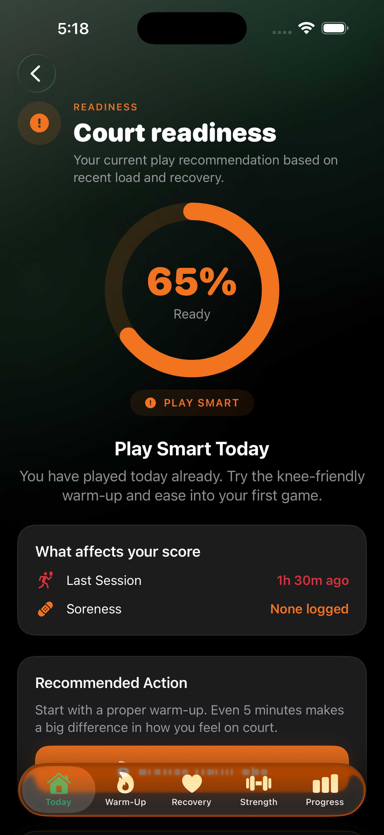 PickleStrong court readiness screen with readiness score and recommendation