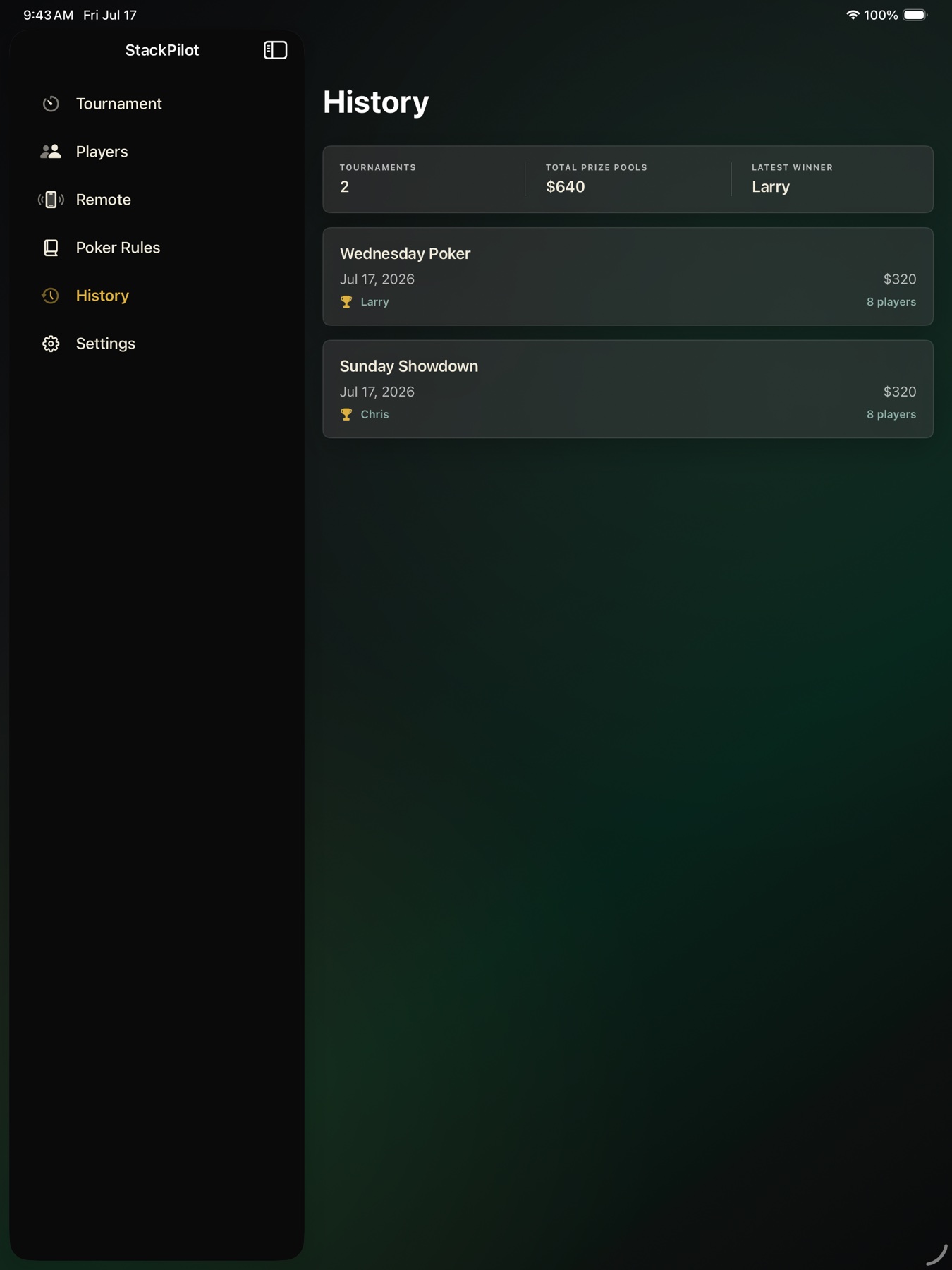 StackPilot tournament history on iPad