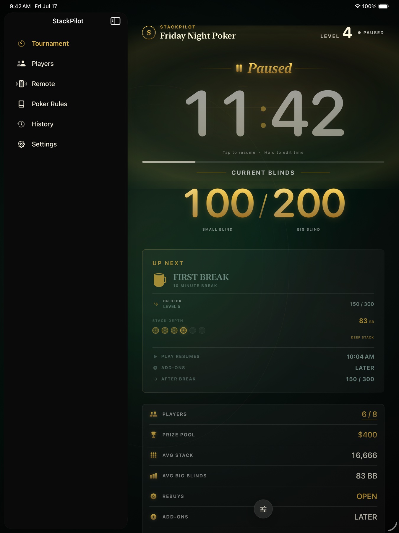 StackPilot paused tournament display on iPad with a prominent paused state and current blind information