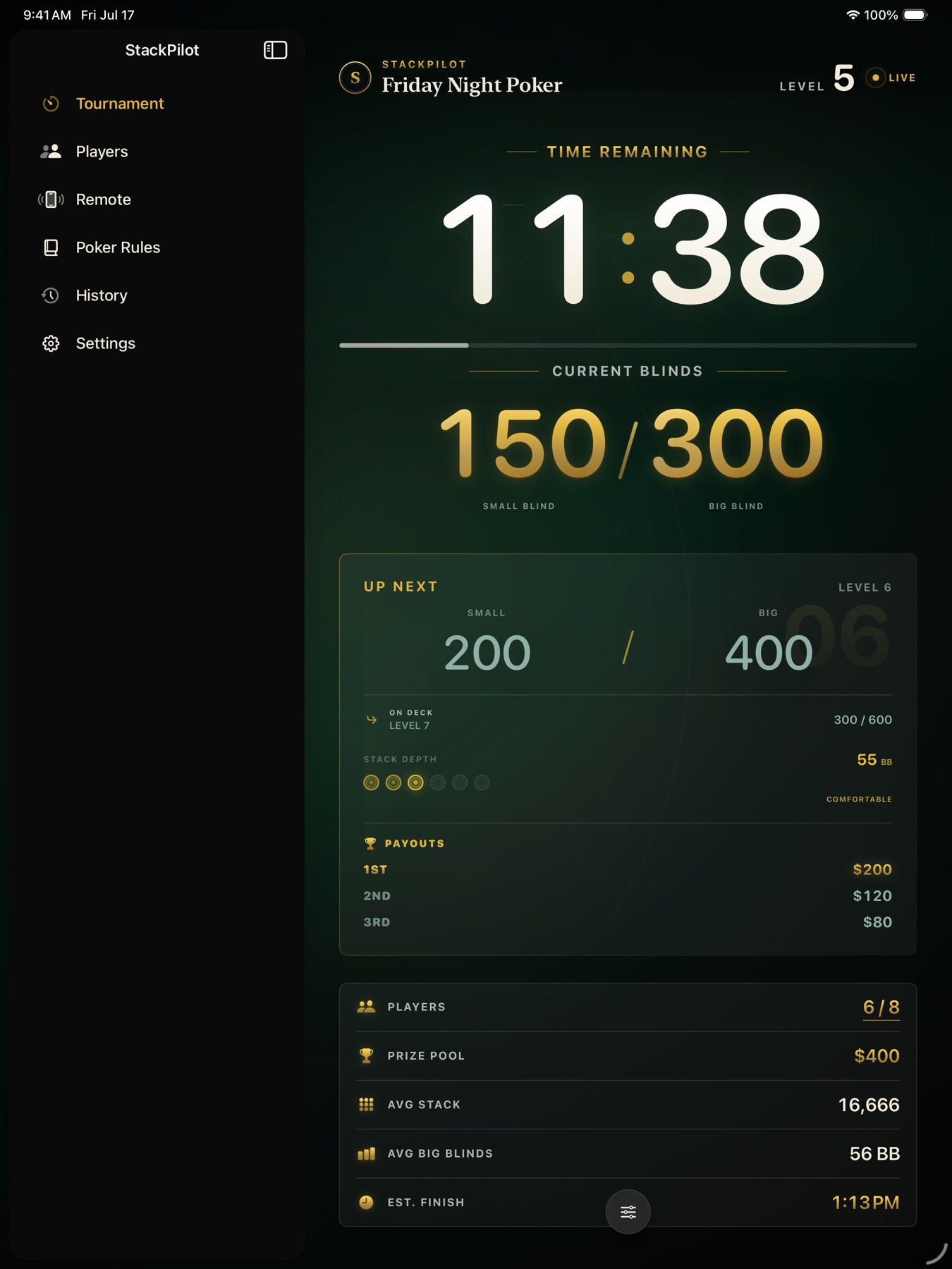 StackPilot tournament payouts shown on the live display