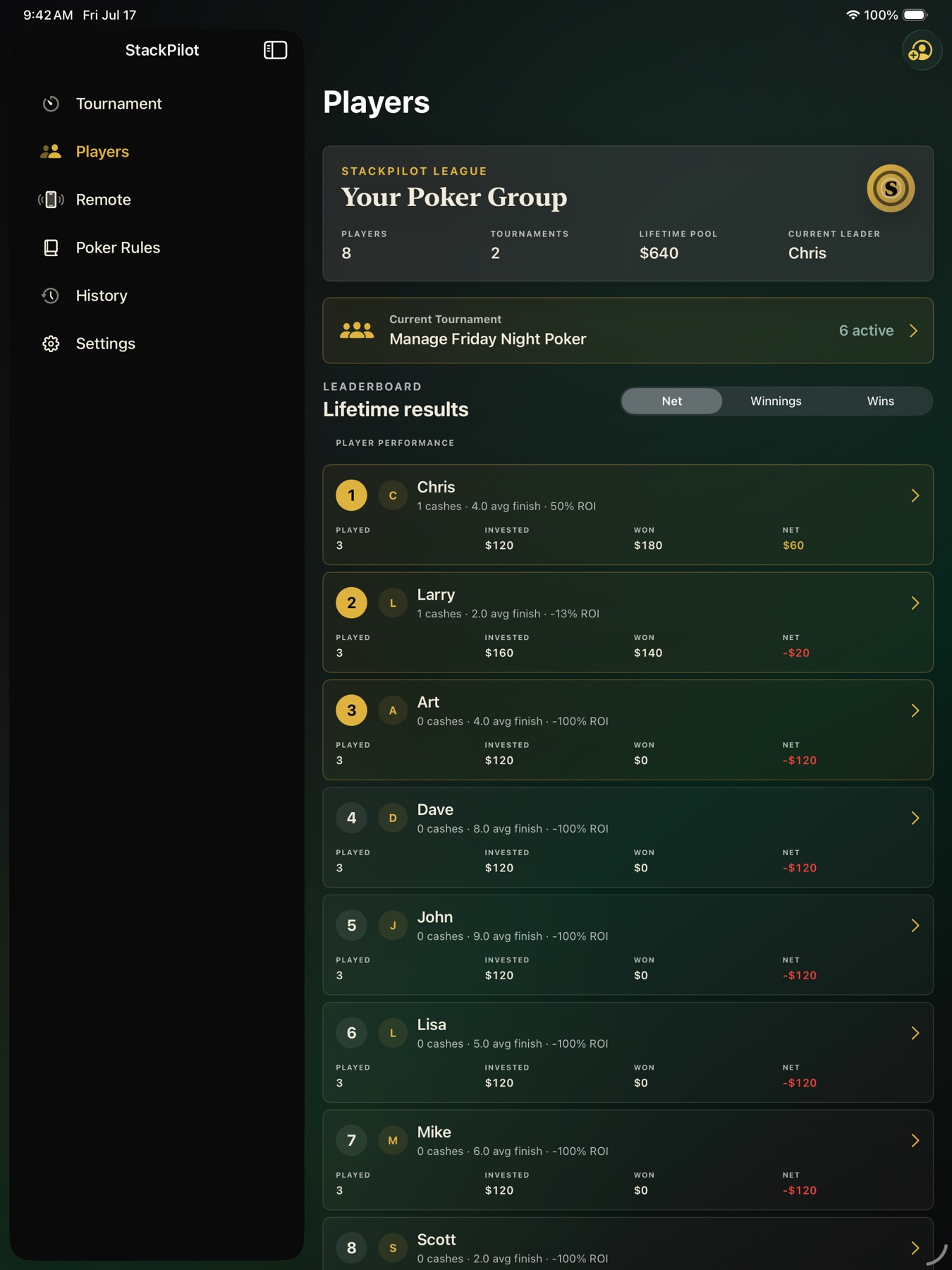 StackPilot player league and leaderboard