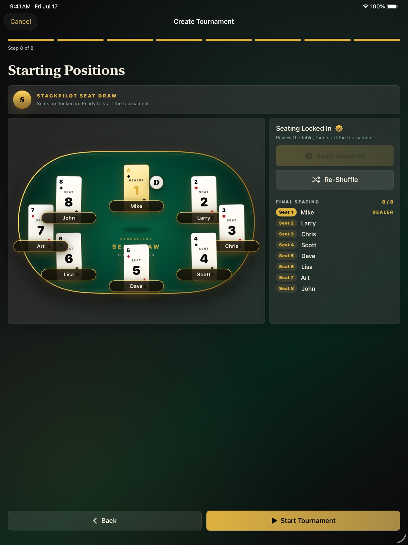 StackPilot animated seat draw showing eight players around a poker table
