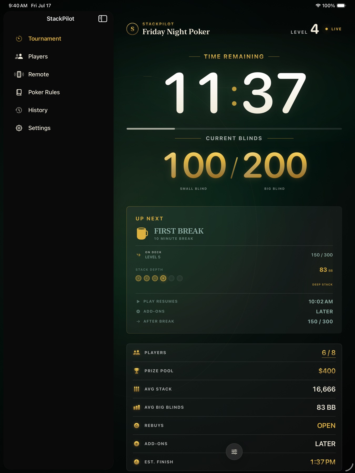 StackPilot live tournament display on iPad showing the countdown clock, current blinds, next break, and tournament metrics