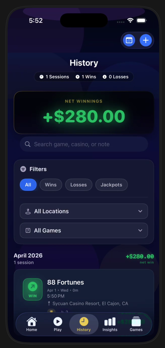 BetterBet session history screen