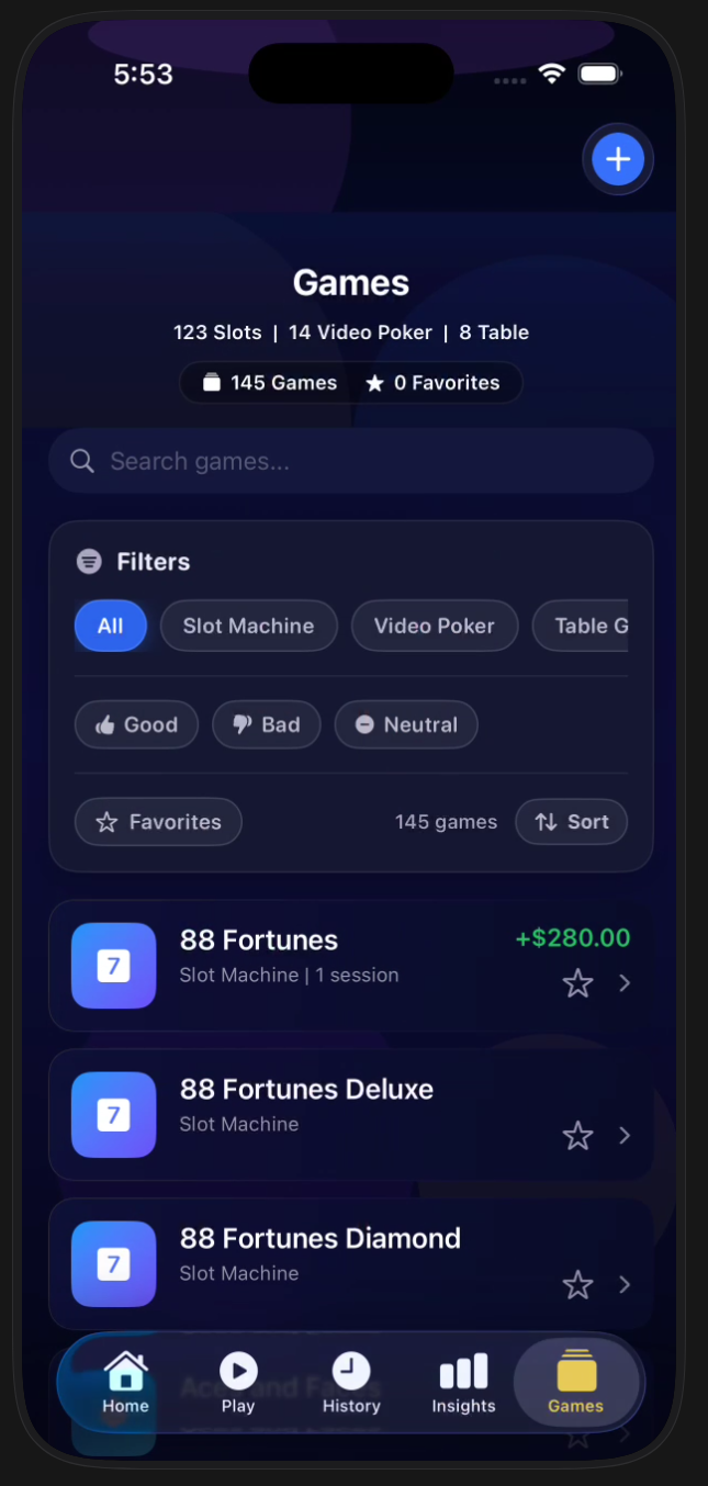 BetterBet games library screen