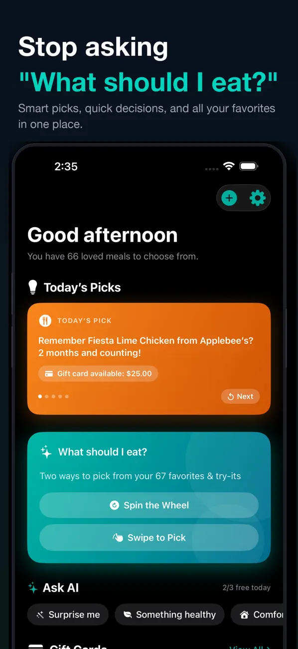 Tasterly home screen with smart picks and quick decisions