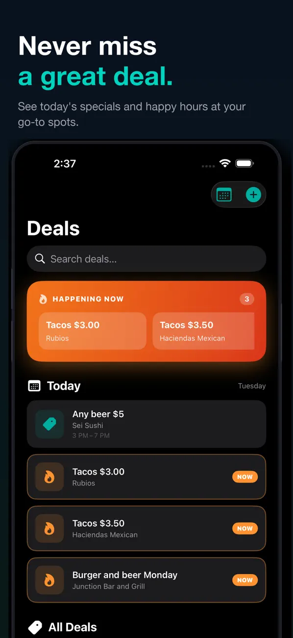 Tasterly deals and happy hours screen